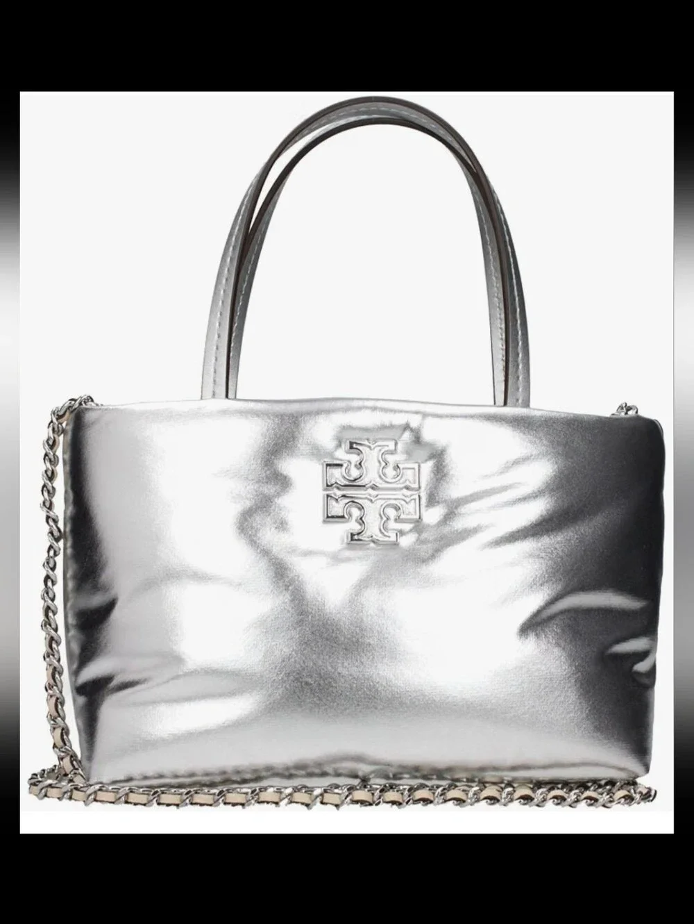 Tory Burch Britten Metallic Puffy Mini Tote Silver Crossbody New